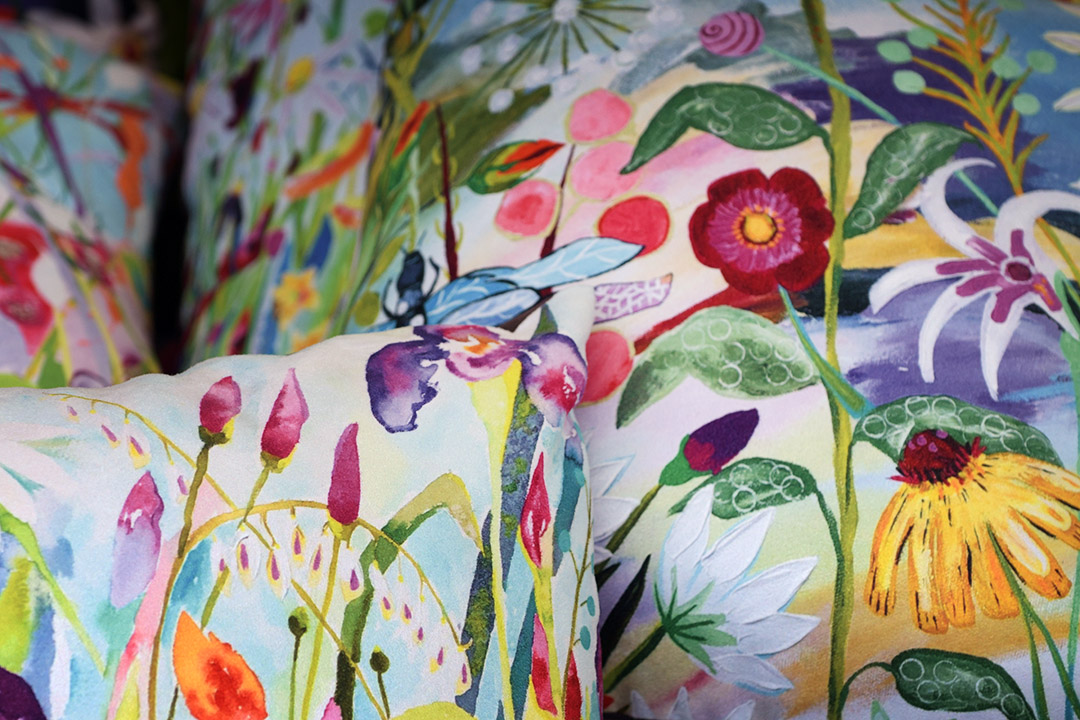 colourful watercolour flowers on cushions
